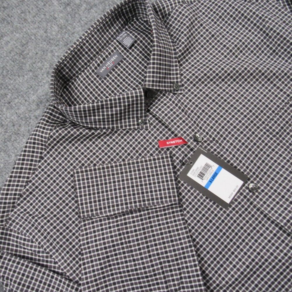 Van Heusen Shirt Mens Size 17 17.5 Extra Large‎ Black Gray Check Plaid Flex